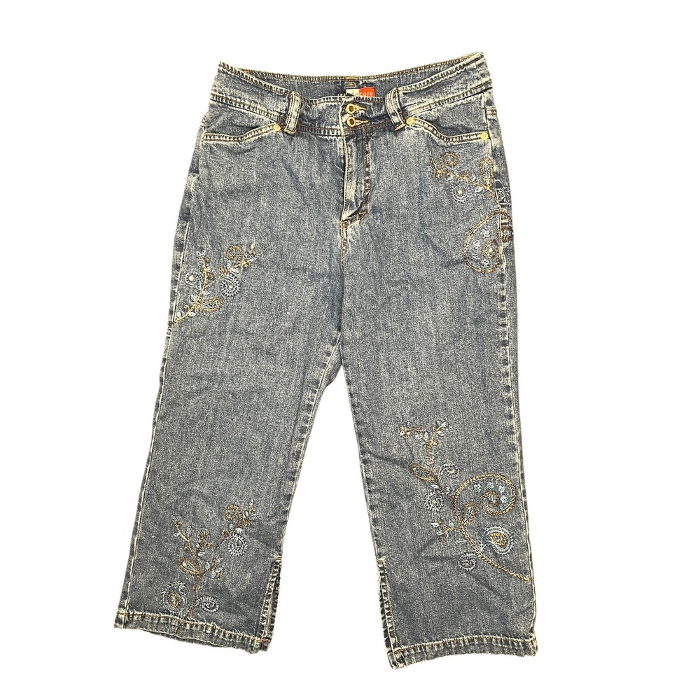 French Cuff Cropped Jeans 8 Blue Embroidered Rhinestone Y2K Boho Capris Festival